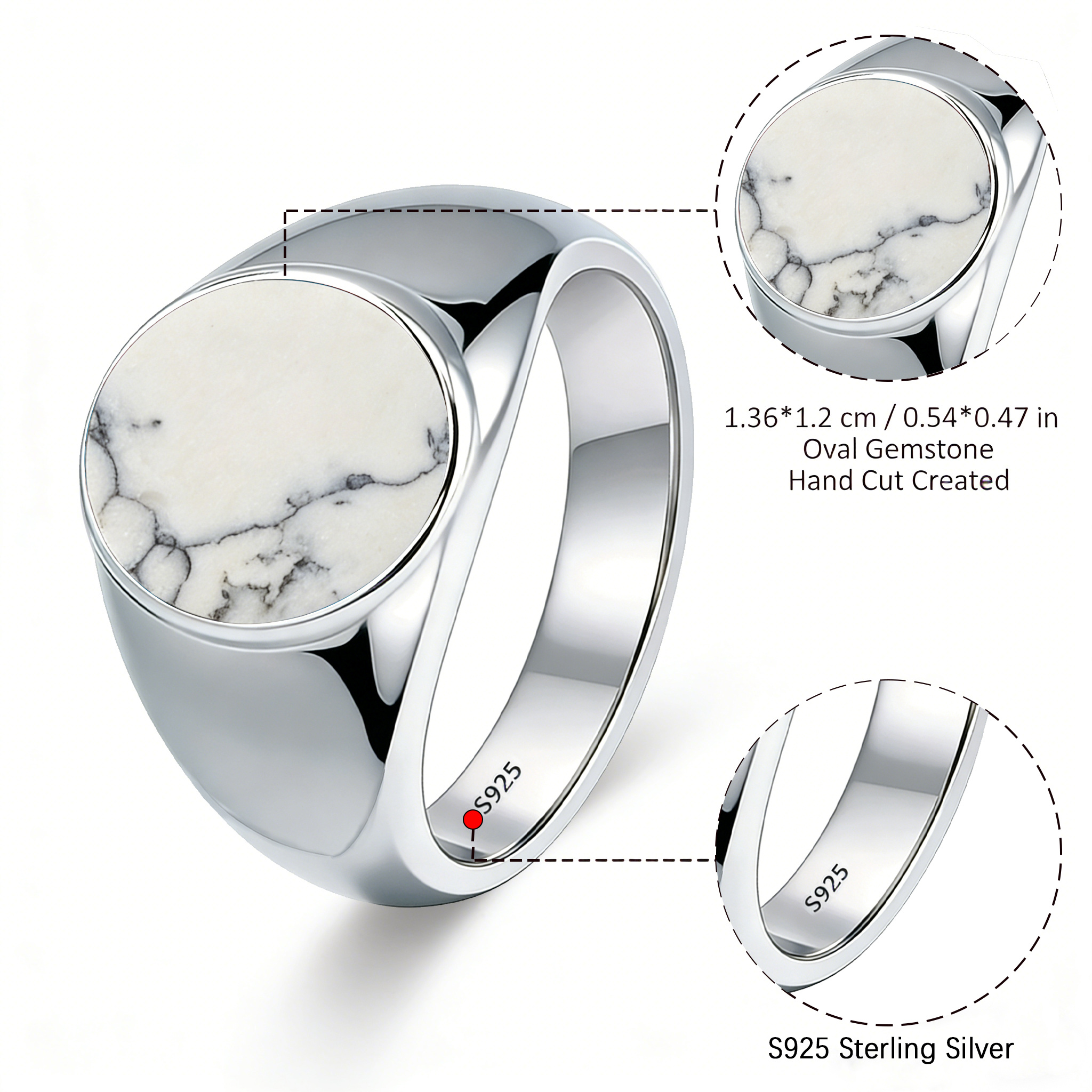 Men's S925 Sterling Silver Oval Flat White Turquoise Ring